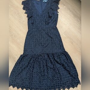 ANTONIO MELANI Dark Navy Lace Midi Dress with Ruffle Shoulders